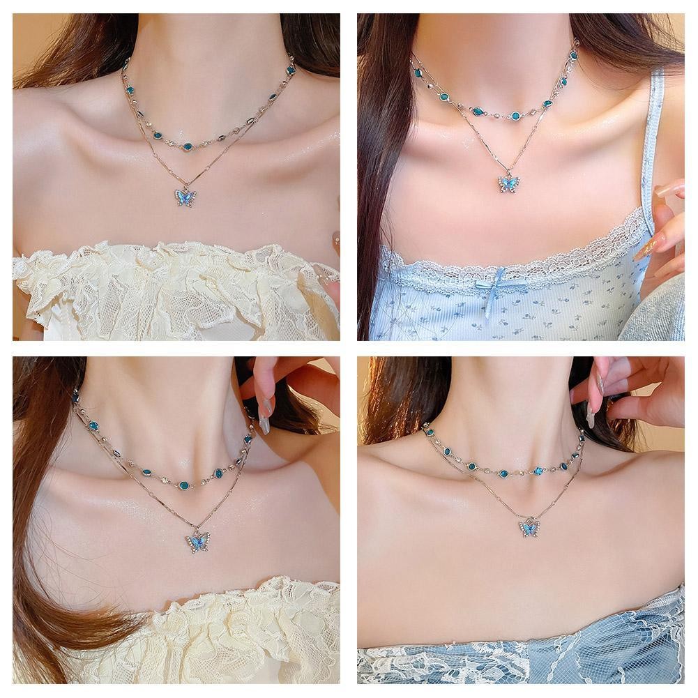 2 ชิ้น Double Layer สร้อยคอผีเสื้อชุด Ins สไตล์ Clavicle Choker สาวขั้นสูงชุดร้อน S5D5