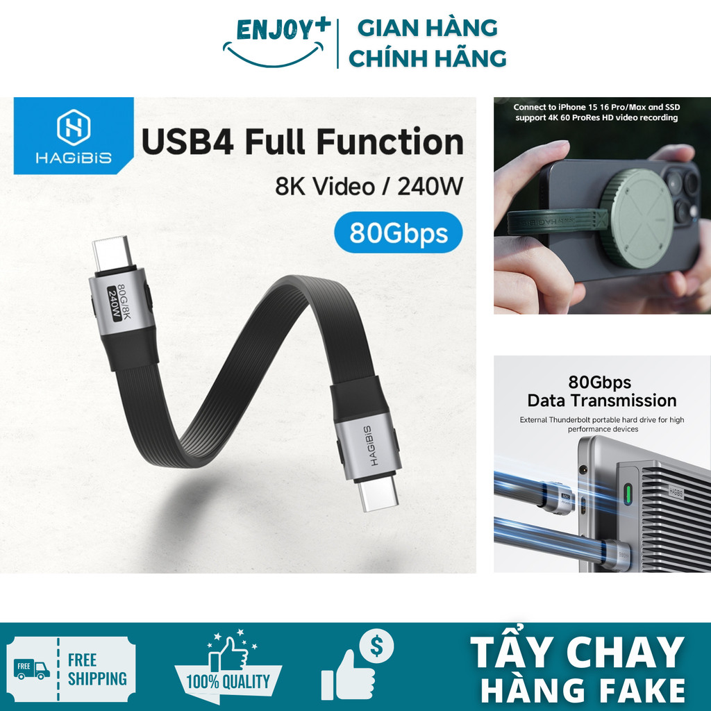Hagibis USB4 40G V2 USB C ถึง Type C สายเคเบิลข้อมูลสายสั้น PD 240W 8K60Hz สําหรับ TB3/4 IP MAC-ENJO