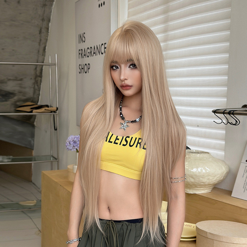 7JHH WIGS Cross-Border วิกผมหญิงPearl Beige  ผมยาวตรงเส้นใยเคมีจำลอง Full Headgear สำหรับทุกวันและIn