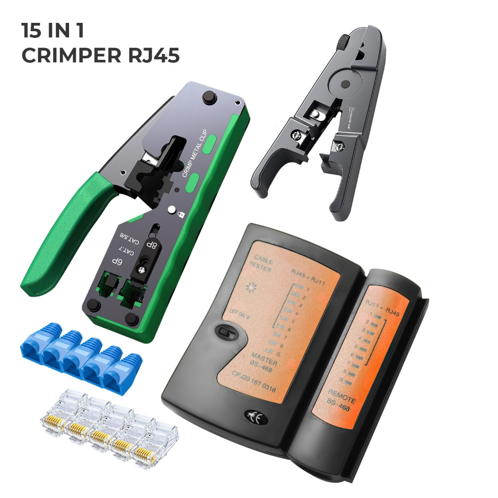 RJ45 CRIMPING คีม 15in1 CRIMPING Cable CAT 5/6/7 LAN เครื่องทดสอบชุดเครื่องมือ - CrimpingTeo-BS-A076