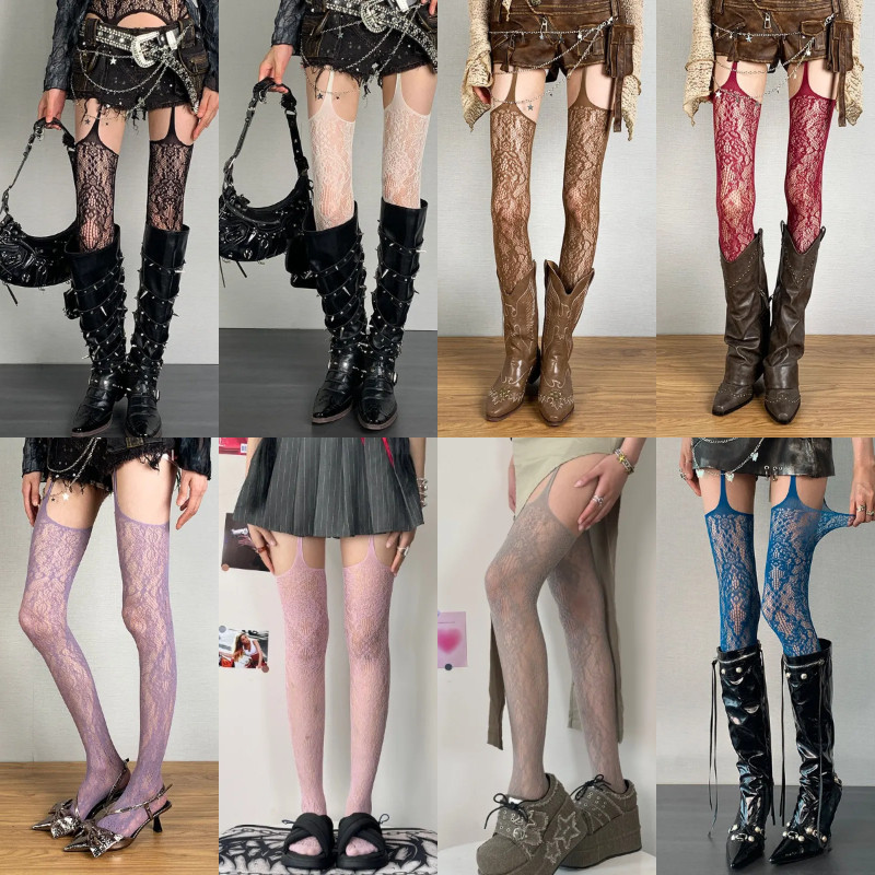 Lolita สาวหวาน Punk สไตล์ดอกไม้ Tights สีสัน สูงต้นขา Sheer FishnetSuspender กางเกงในเข็มขัด