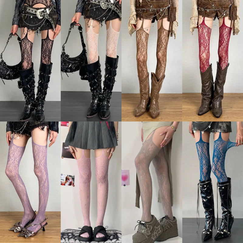 Lolita สาวหวาน Punk สไตล์ดอกไม้ Tights สีสัน สูงต้นขา Sheer FishnetSuspender กางเกงในเข็มขัด