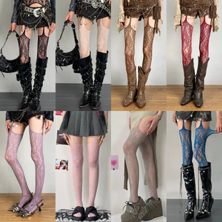 Lolita สาวหวาน Punk สไตล์ดอกไม้ Tights สีสัน สูงต้นขา Sheer FishnetSuspender กางเกงในเข็มขัด