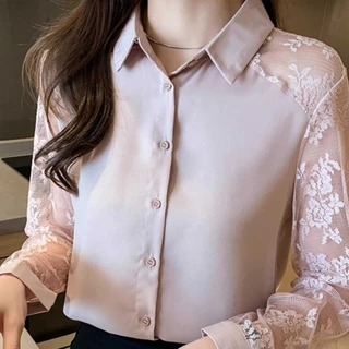 เสื้อเชิ้ตแขนยาว ลูกไม้ ผ้าชีฟอง ดีไซน์แฟชั่น