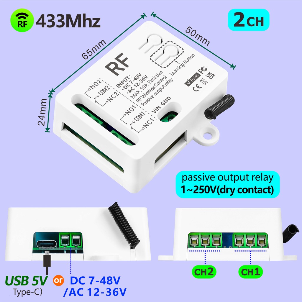 สวิตช์ควบคุมระยะไกลไร้สาย 2 ช่อง RF 433 MHz, รีเลย์ DC 7V 12V 24V 48V, AC 12V 24V 36V สำหรับมอเตอร์ ไฟ และประตูโรงรถ - รูปที่ 4