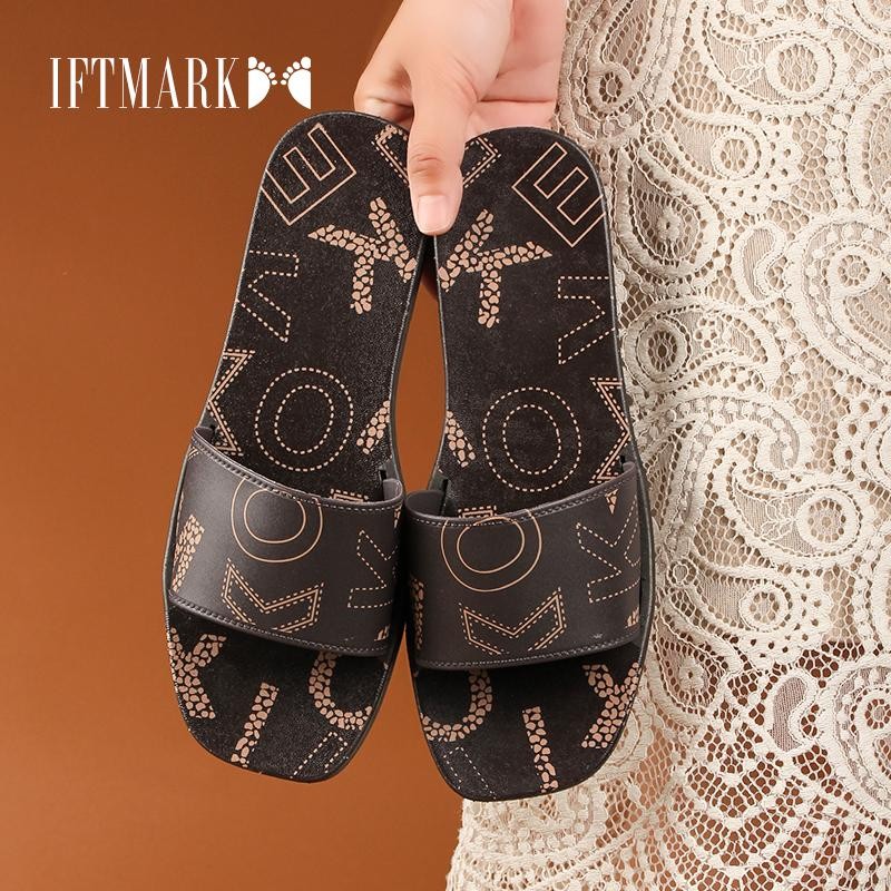 IFTMARK รองเท้าแตะแบบผู้หญิง สีขาวและสีน้ำตาล ลายนูนดีไซน์สวย ทันสมัย ใส่สบาย
