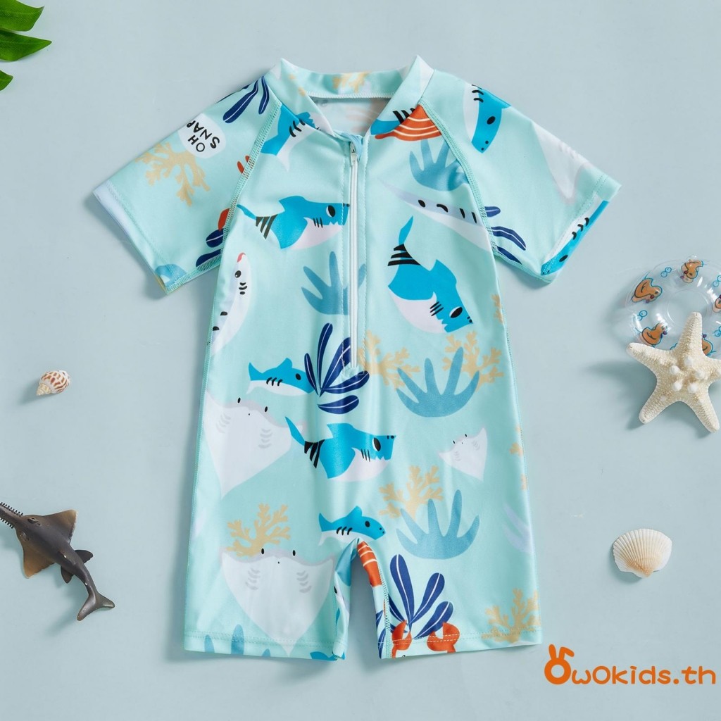 toddler Boy ชุดว่ายน้ําแขนสั้นคอจําลองสัตว์ทะเลพิมพ์ Zip Up Rash Guard ชุดว่ายน้ํา