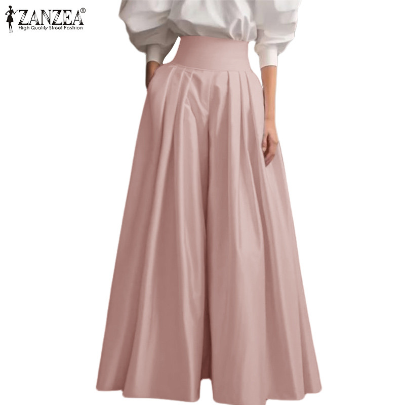 ZANZEA ใส่ ซานเซีย ผู้หญิงวินเทจอารมณ์รวบรวมเอวกระเป๋าซิปจีบกางเกงขากว้าง