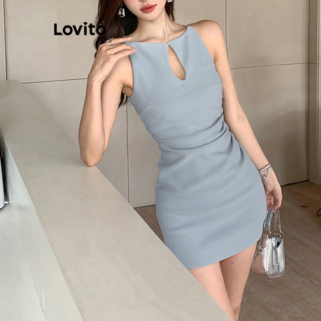 Lovito เดรสผู้หญิง คัทเอ้าท์ สีพื้น สไตล์ลำลอง LNE66088