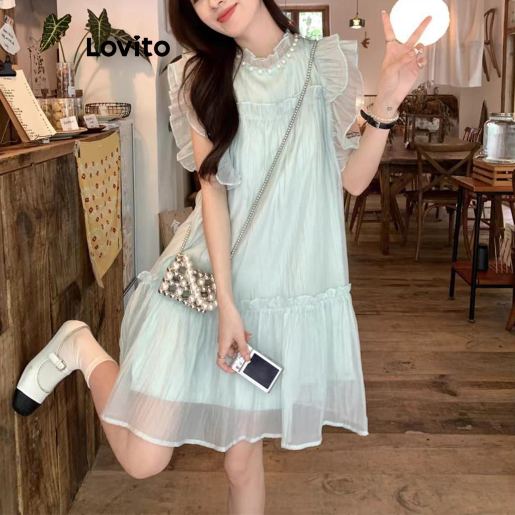 Lovito เดรสผู้หญิง ผ้าโปร่ง สีพื้น สไตล์ลำลอง LNA69063