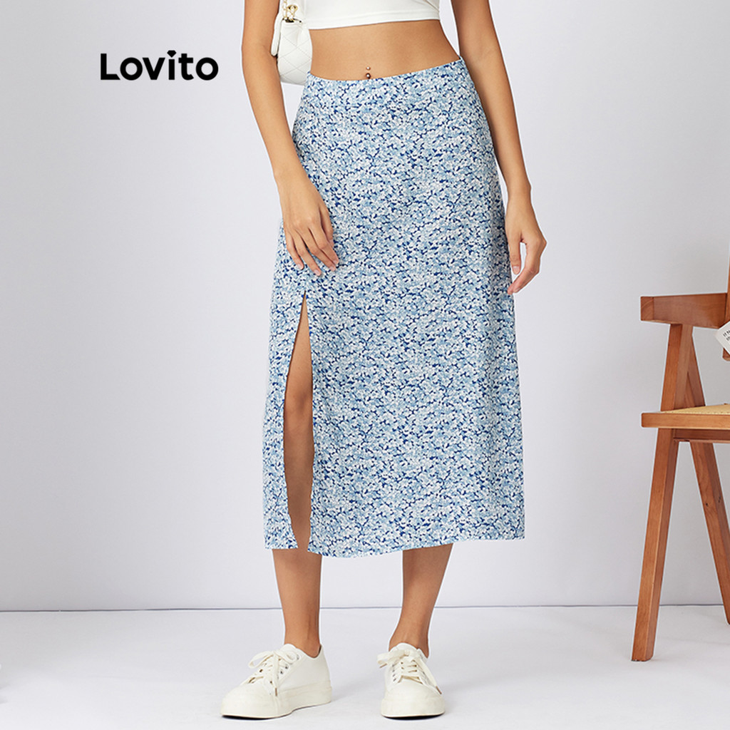 Lovito กระโปรงผ่าข้างลายดอกไม้ สไตล์ลำลอง L21AS029 (สีฟ้า)