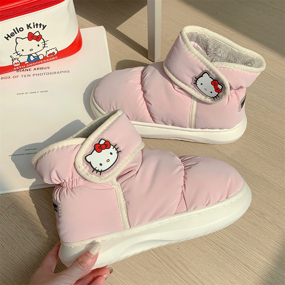 Xitiao Sanrio Hello Kitty การจับคู่สีสร้างสรรค์ Velcro รองเท้าผ้าฝ้ายขนมปังกันน้ําให้ความอบอุ่นผู้หญิง