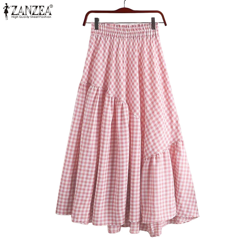 ZANZEA กระโปรงลายสก๊อตสำหรับผู้หญิง สไตล์เกาหลี girlish มีเอวสูงและรายละเอียด ruffles splicing