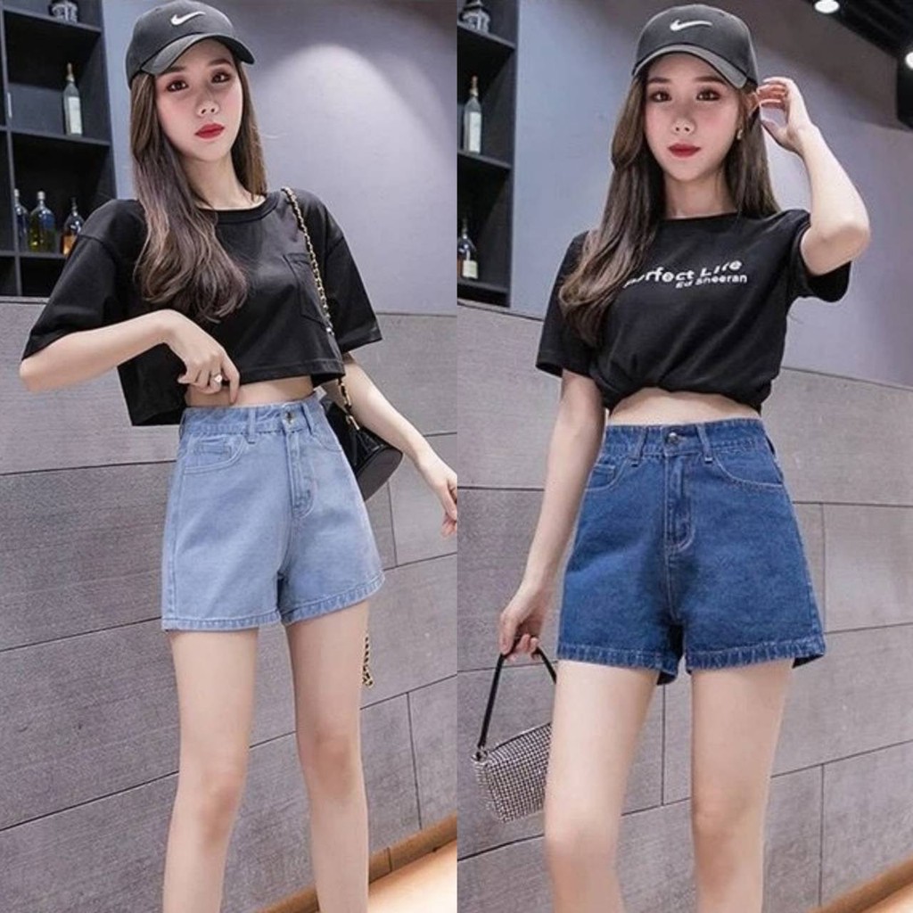 HOME818 กางเกงยีนส์ขาสั้น เอวสูง ปลายขากว้าง ผ้าไม่ยืด หน้าร้อนใส่สบาย เก็บทรง สไตล์เกาหลี NO.3
