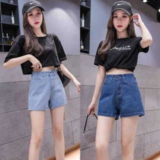 HOME818 กางเกงยีนส์ขาสั้น เอวสูง ปลายขากว้าง ผ้าไม่ยืด หน้าร…