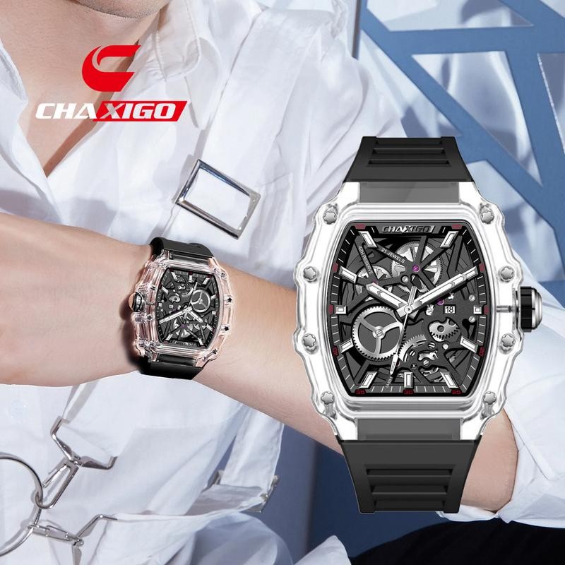 CHAXIGO ผู้ชายนาฬิกาอัตโนมัติ Tonneau ออกแบบโปร่งใสสไตล์ซิลิโคนกันน้ําผู้ชายหน้าปัดขนาดใหญ่นาฬิกา CA035-5