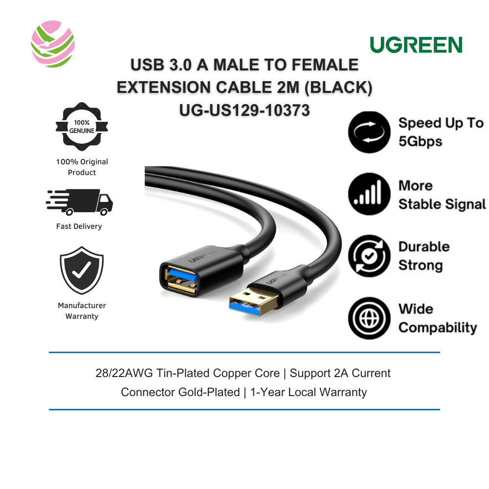 UGREEN USB 3.0 A MALE TO FEMALE EXTENSION CABLE SUPPORT 2A CURRENT 2M (สีดํา) UG-US129-10373