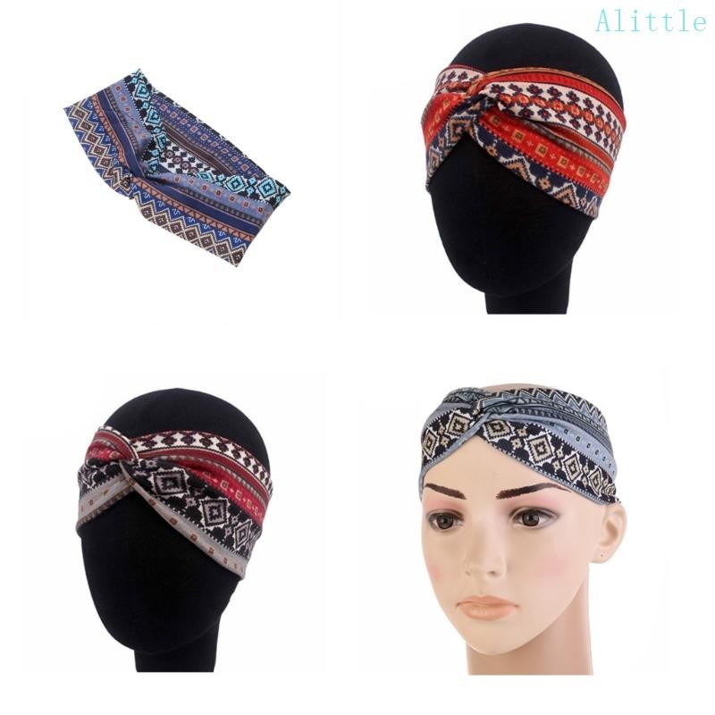Alia ผู้หญิงชาติพันธุ์พิมพ์สําหรับ Cross แถบคาดศีรษะกว้าง Twisted Turban ยืดหยุ่น Hairband Bea