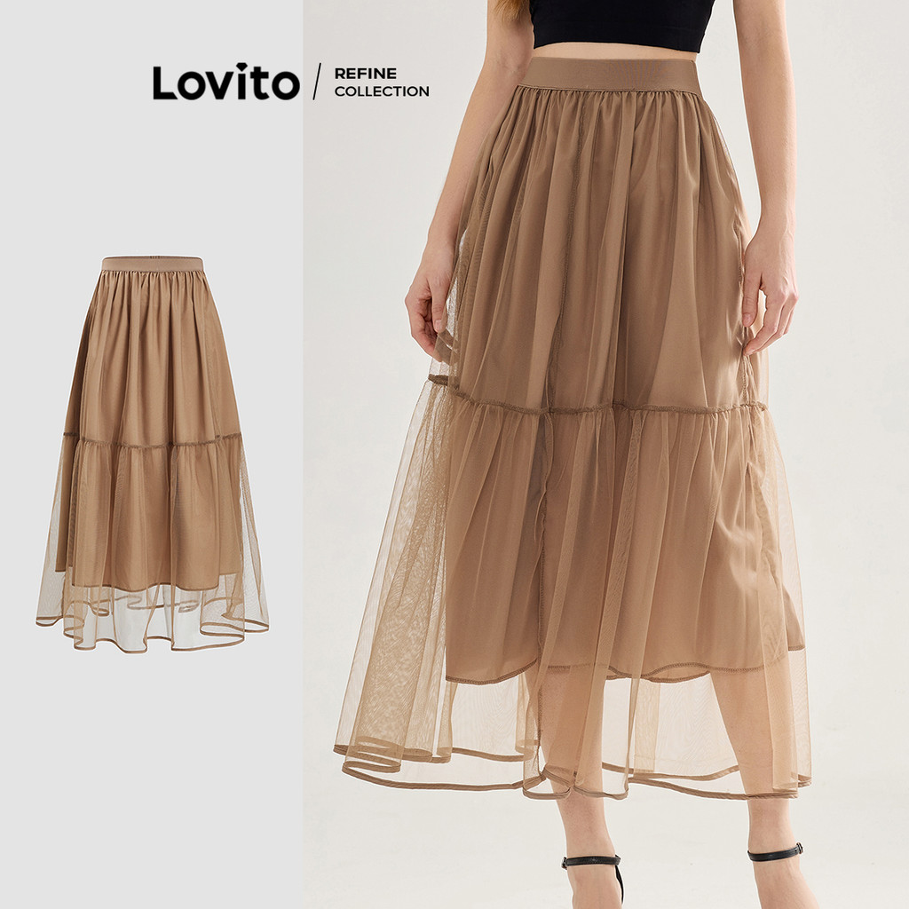 (Lovito Refine) กระโปรงผ้าตาข่ายสีตัดกันที่ดูสง่างามสำหรับผู้หญิง L119BR031