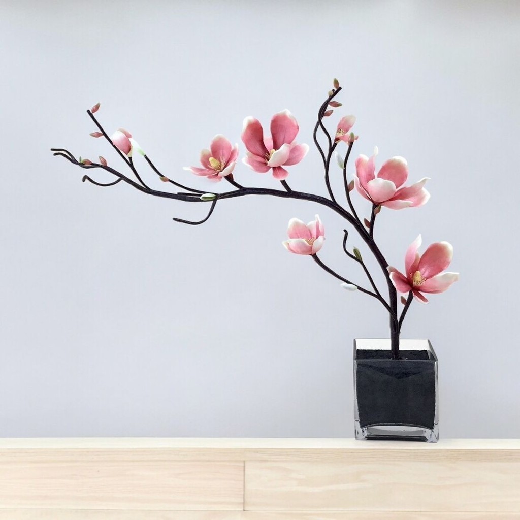 Artificial Japanese Magnolia arrangement in glass vase