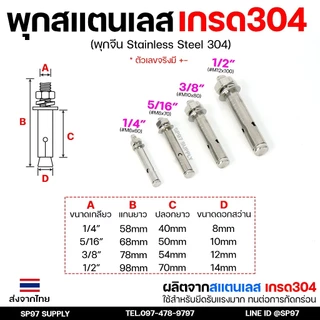 (ยกกล่อง) พุกสแตนเลส เกรด304 พุ๊ก(C)หัวน๊อต ตัวเมีย แหวนอีแปะ+สปริง M6,M8,M10,M12 Sleeve Expansion Anchor Bolt with Nut