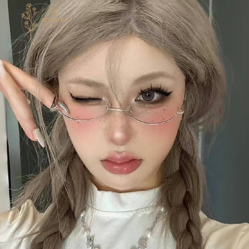 Roselife Retro Y2K สไตล์ Cool รูปไข่ไม่มีเลนส์ครึ่งกรอบแว่นตาสําหรับผู้หญิงสาว Photograph Street Party แว่นตาเลนส์โลหะกึ่งไม่มีขอบแว่นตาเครื่องประดับ
