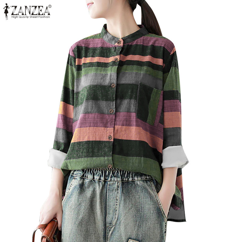 Zanzea ผู้หญิงเกาหลีลําลองคอตั้งแขนยาวลายทางสีสันสดใสกระเป๋าเสื้อ