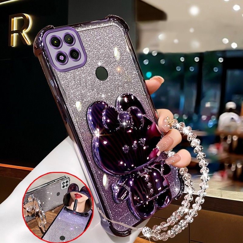 สําหรับredmi 9c redmi 10a xiaomi redmi 9cประกายสีชมพูเคสโทรศัพท์กันกระแทกกระต่ายกระจกแต่งหน้าพร้อมที่วางซิลิโคนTPUนุ่มกรณีXXXDA