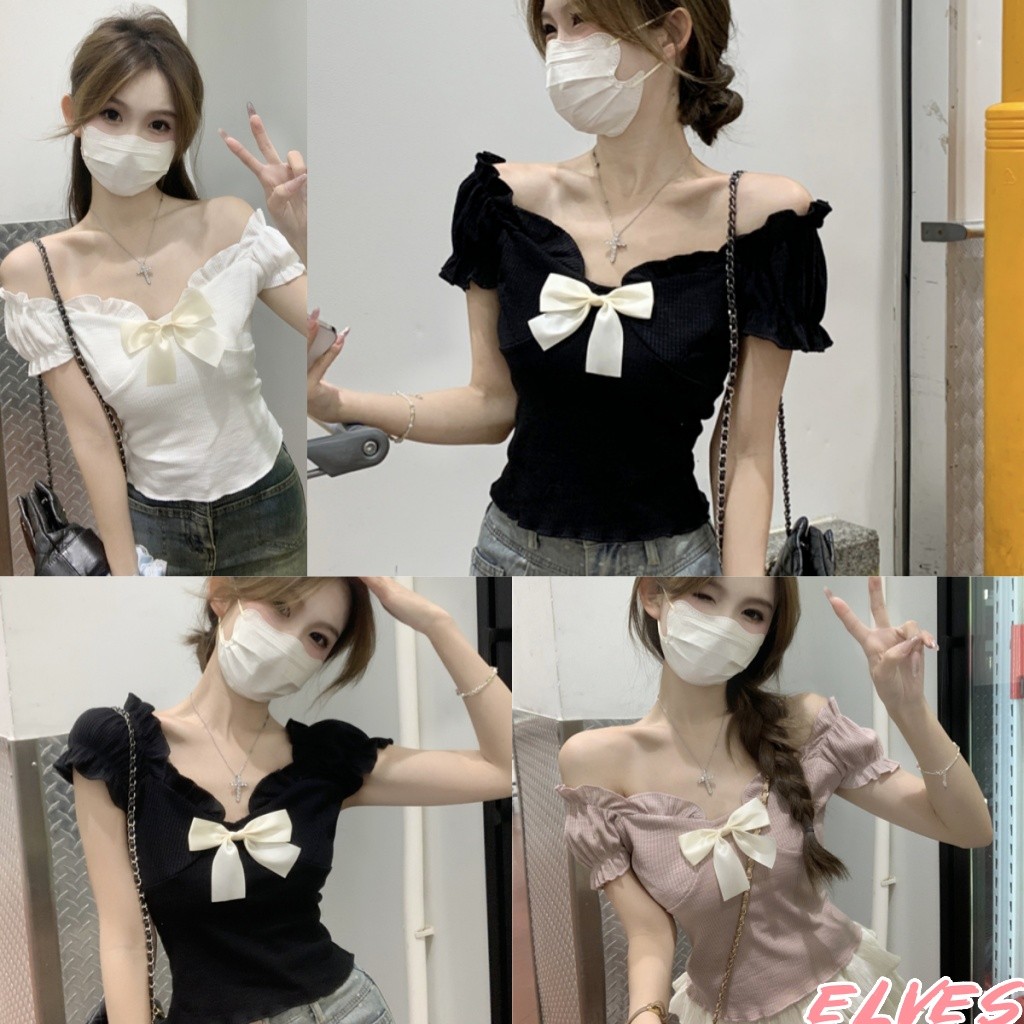 Elves✨พร้อมส่ง✨เสื้อสเวตเตอร์แขนสั้นผู้หญิงขอบหยักสีพาสเทลน่ารัก"E342"