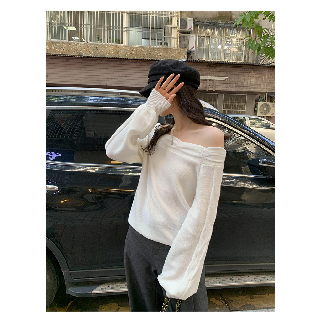 2025ใหม่สไตล์ทอดแป้งบิดไหล่เสื้อถักของแข็งของผู้หญิง