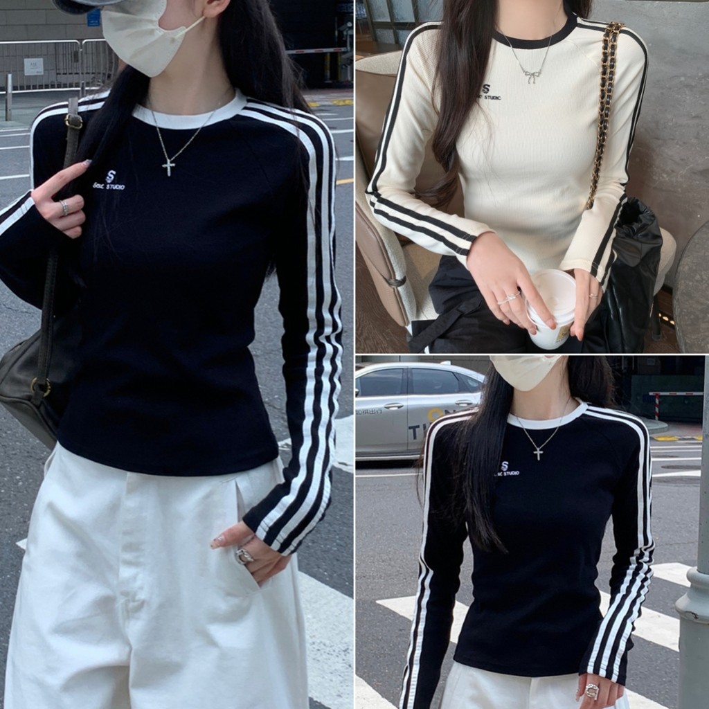 Luna Shop 🍒 พร้อมส่ง 💕เสื้อยืดผู้หญิงแขนยาวลายทางสไตล์เกาหลี เสื้อแขนยาวสไตล์ลำลองเรียบง่ายสองสี