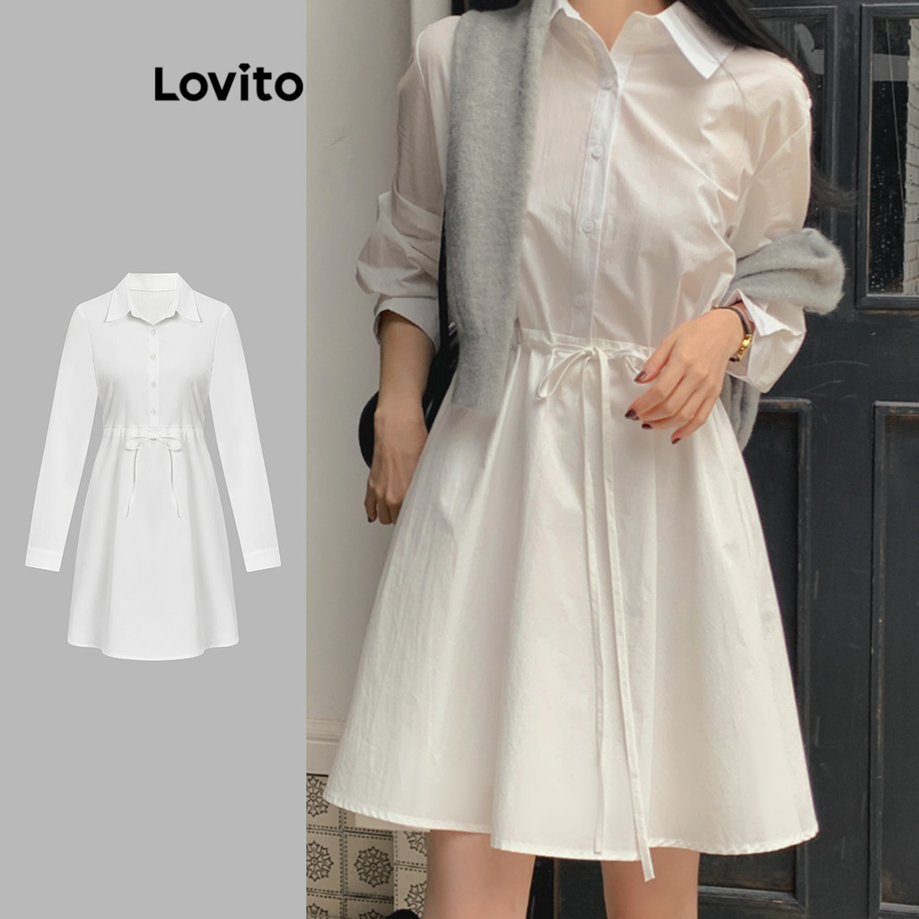 Lovito ชุดเดรสทรงหลวมเรียบง่ายพร้อมกระดุมสำหรับผู้หญิง L114AD417