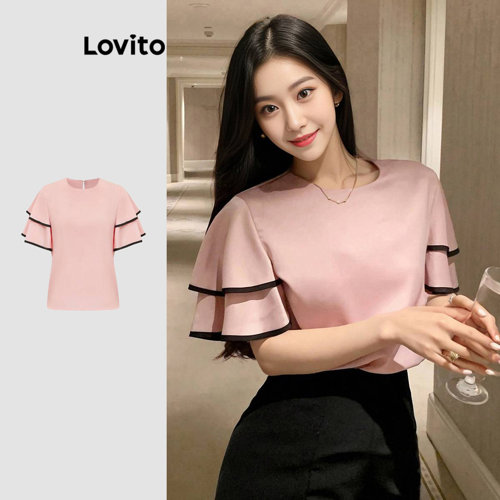 Lovito เสื้อเบลาส์ผู้หญิง สองชั้น คัลเลอร์บล็อก สีพื้น สไตล์ลำลอง L91AD142