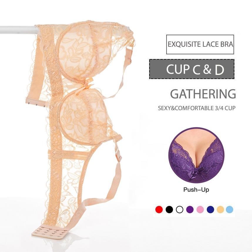 ผู้หญิงเซ็กซี่ประณีตลูกไม้ Push Up Bra แผ่นบางแหวนเหล็ก Bra Plus ขนาด 36-46 C/D/E ถ้วย Underwire Bra