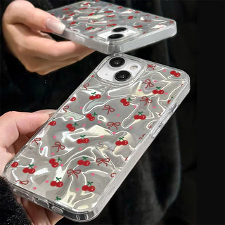 แฟชั่น เชอร์รี่🍒 เคสโทรศัพท์ For IPhone 12 13 15 16 11 14 Pro Max XR X 7 6S 8 6Plus XS Max SE เลเซอร์ แวววาว ตลกดีนะ เคส