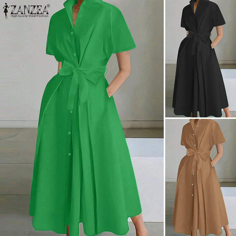 Zanzea ชุดเดรสเสื้อแขนสั้นแฟชั่นวินเทจสําหรับผู้หญิง — صورة 3