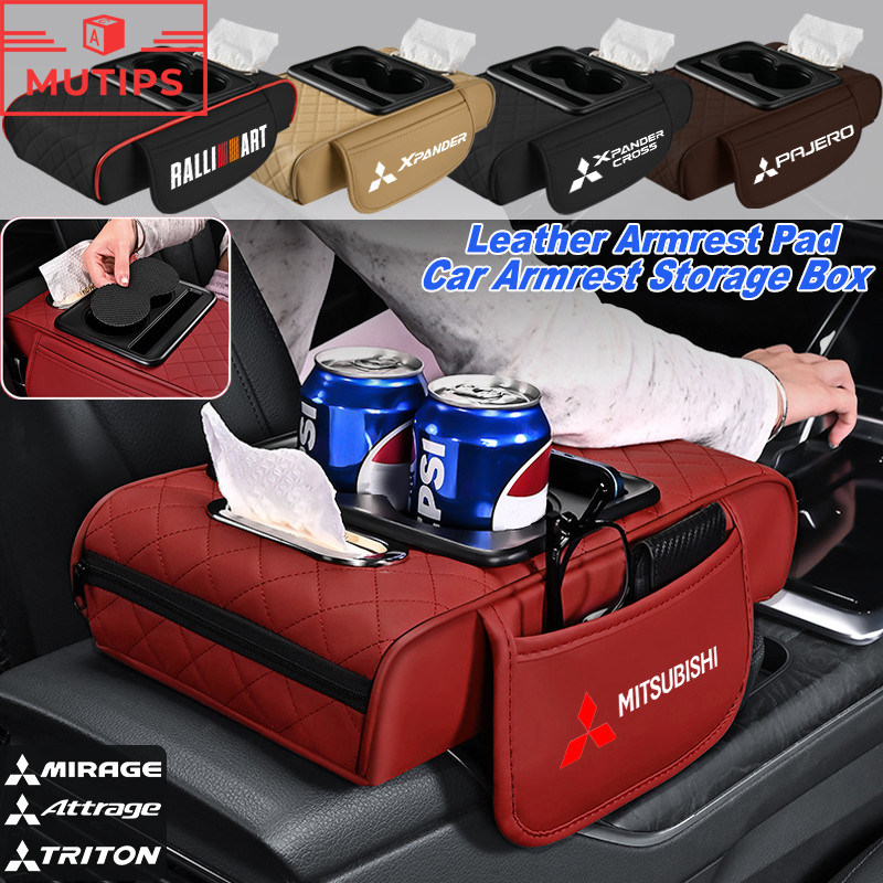 Mitsubishi เครื่องหนัง ที่พักแขนในรถ กล่องเก็บของคอนโซลกลาง ที่ท้าวแขน พร้อมกล่องทิชชู่และที่วางแก้ว
