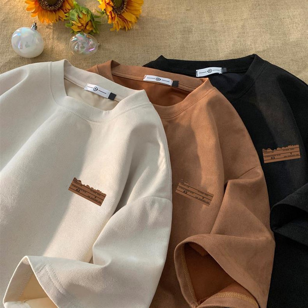 Hls ฤดูร้อนคู่เสื้อยืดรอบคอหลวมกลางความยาวสีทึบ Retro แขนสั้นสไตล์อเมริกัน Streetwear กลางแจ้ง Top