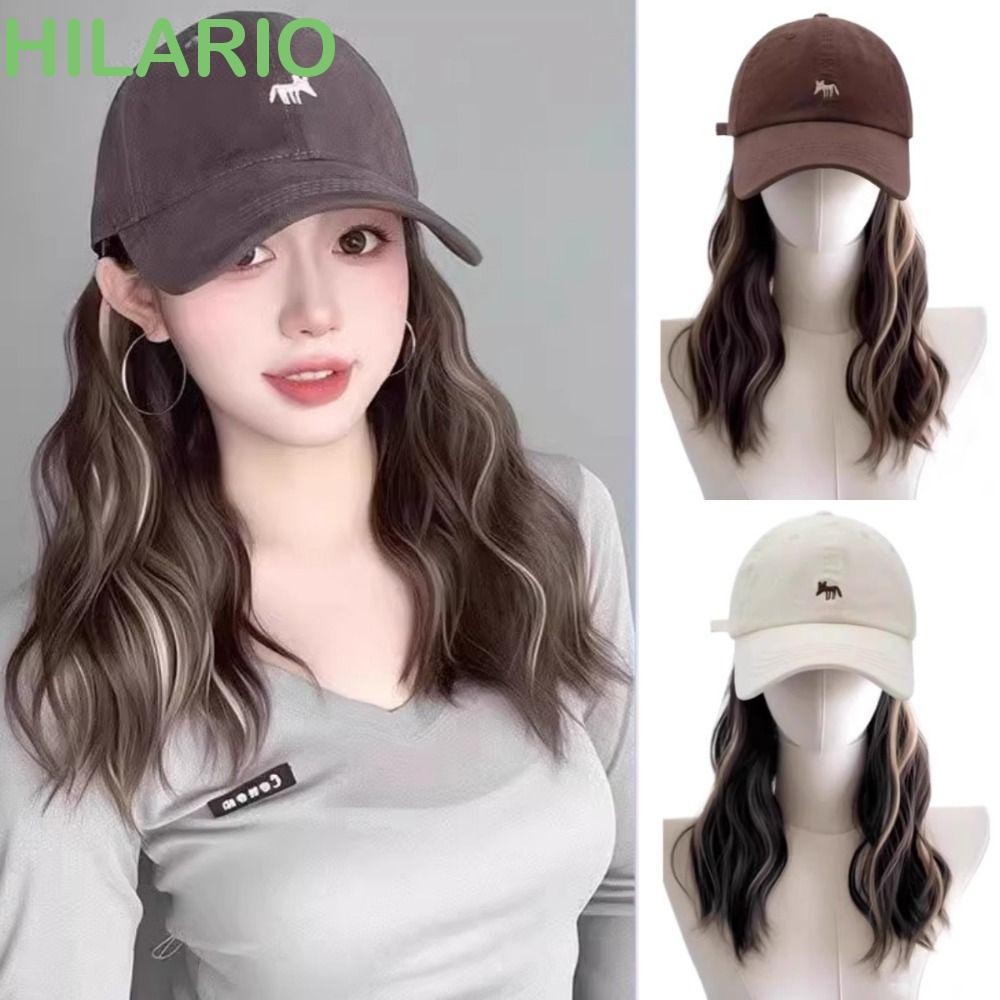 ฮิลาริโอ หมวกเบสบอลพร้อมวิกผม, ชิ้นเดียวไฮไลท์สีบลอนด์ผมยาวหยัก,แฟชั่นแฮร์พีชสไตล์เกาหลีระบายอากาศปรับหมวกวิกผมผู้หญิง
