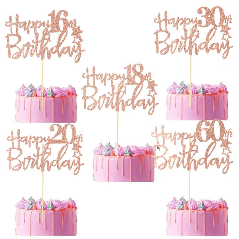 3/5pcs Happy Birthday Cake Toppers Rose Gold Glitter 16th 20th 30th 40th Birthday Cake Topper For Ad
