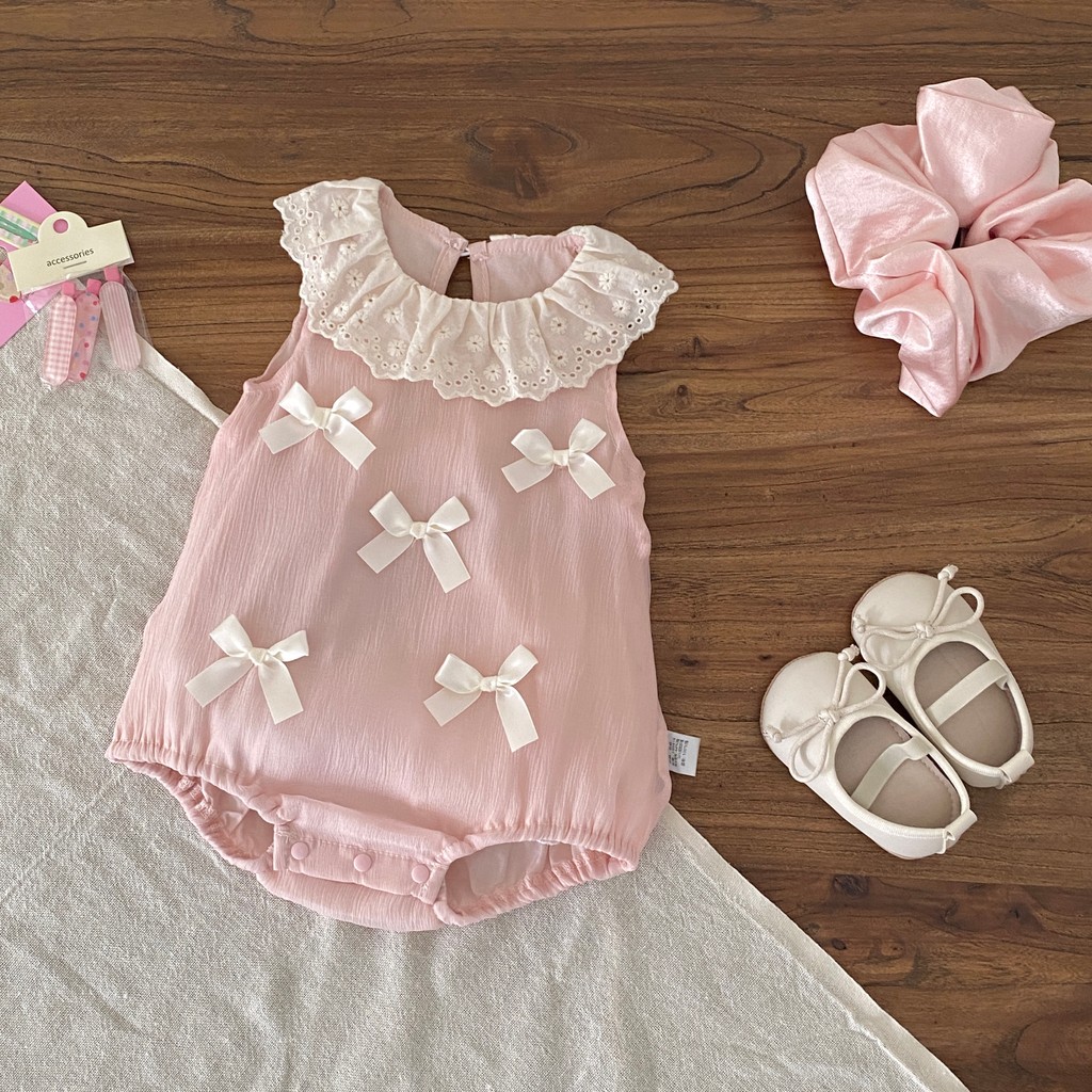 0-24เดือนสาวสีชมพูโบว์แขนกุด ชุดจั๊มสูท สไตล์เกาหลีหวานลูกไม้ปกฤดูร้อนเสื้อผ้าทารก