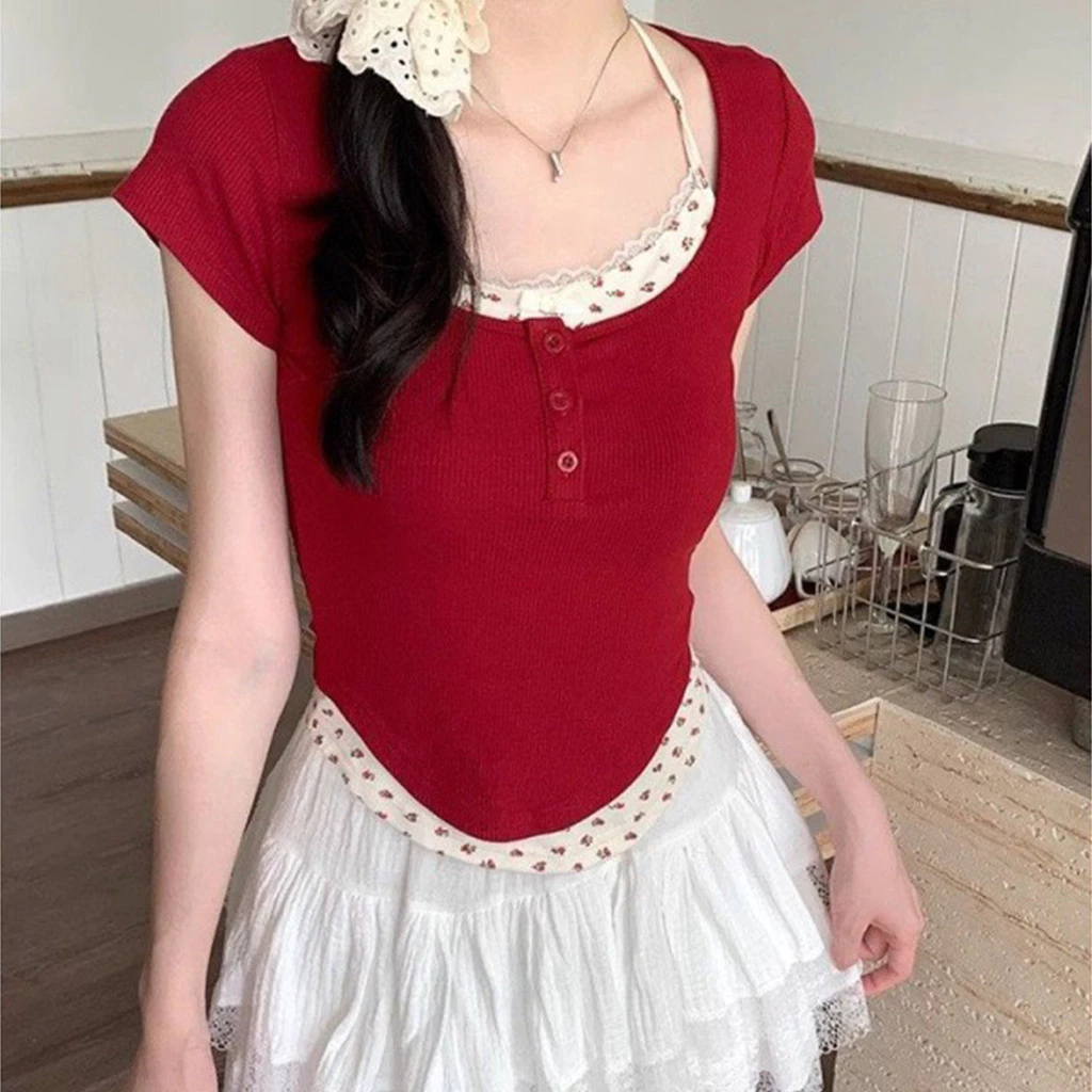เสื้อแฟชั่นลายดอก ทรงสั้น แขนสั้น พอดีตัว สไตล์สาวแซ่บ thumbnail 5