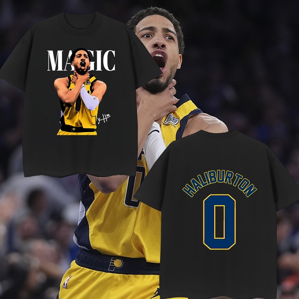 เสื้อยืด Indiana Pacers Haliburton MVP พอร์ตเทรตบาสเกตบอลสายวินเทจ คอเล็ก แขนสั้น ผ้าคอตตอน100% Regg