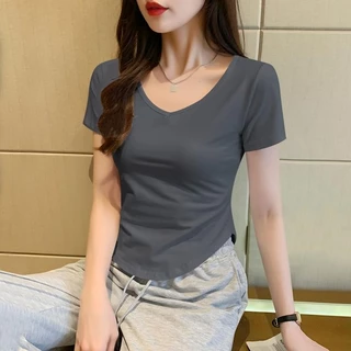 เสื้อยืดผู้หญิง เสื้อยืดคอยู สีทึบ เซ็กซี่ แขนสั้น ผิดปกติ ท็อปส์ซูผ้าฝ้าย แสดงผอม เสื้อยืดสาวอวบ เสื้อโอเวอร์ไซส์