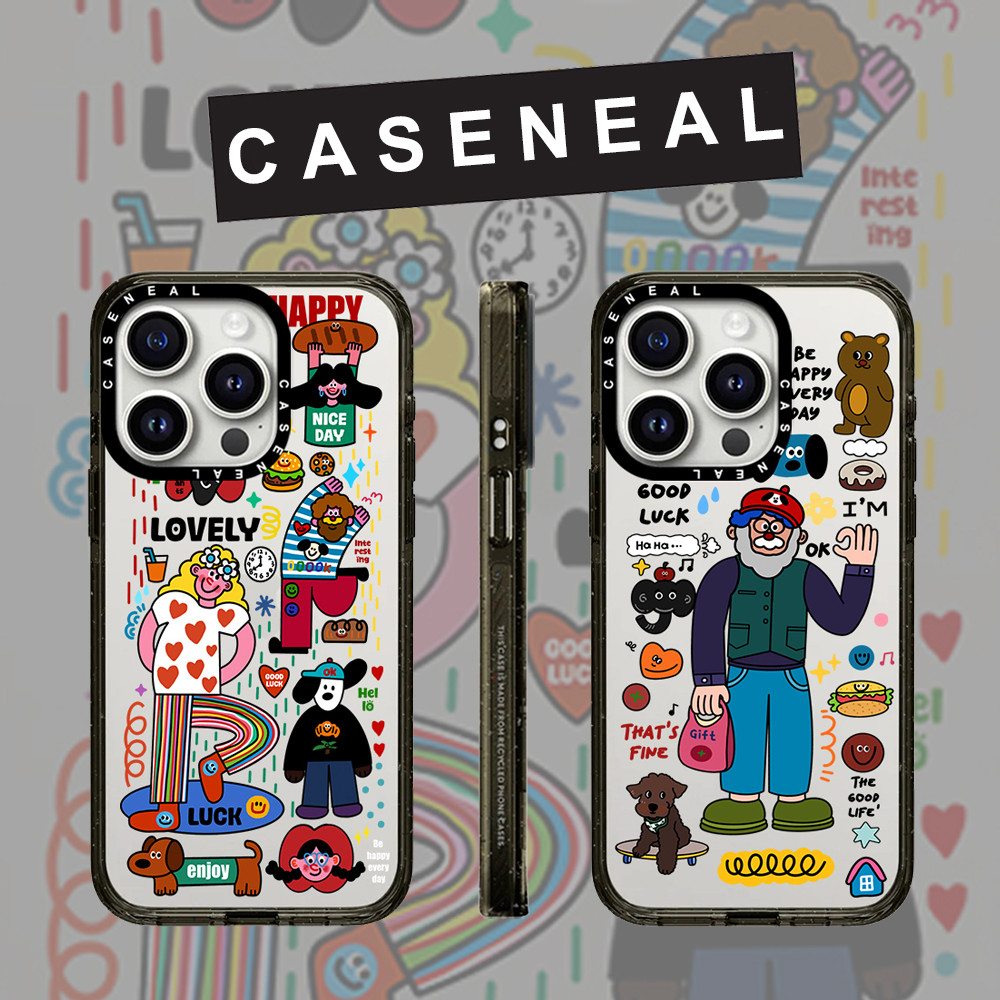 CASENEAL Graffiti Happy People อะคริลิคโปร่งใสเคสโทรศัพท์สําหรับ iPhone 16 Pro Max 15 Plus 14 ProMax 13 12Pro โทรศัพท์กันกระแทกขอบนุ่ม hard กรณีป้องกัน