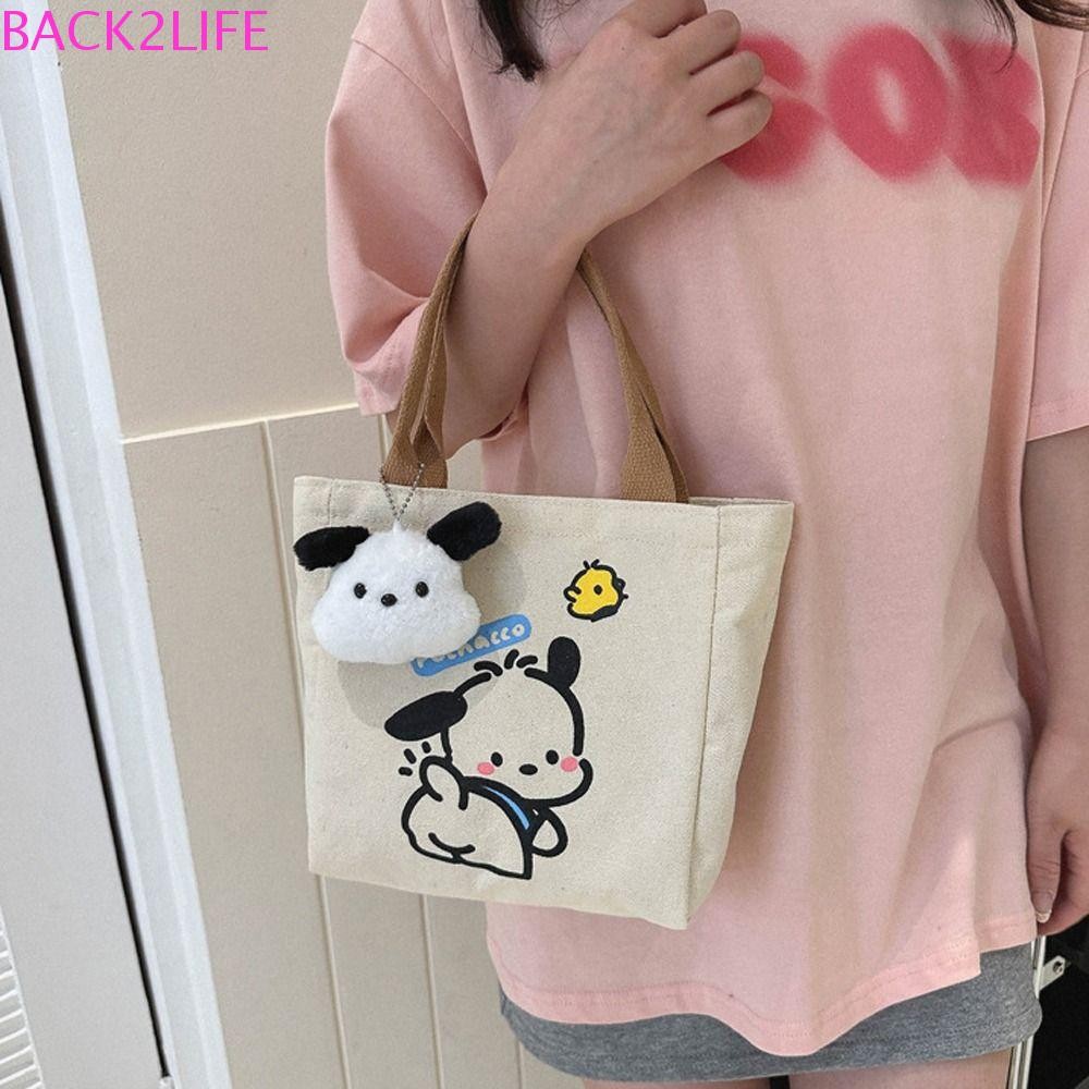 Back2life Canvas Pochacco Handbag, Dog Bird Cartoon Tote Bag, Cute Letter Print Mommy Bag Animal Lunch Bag Picnic