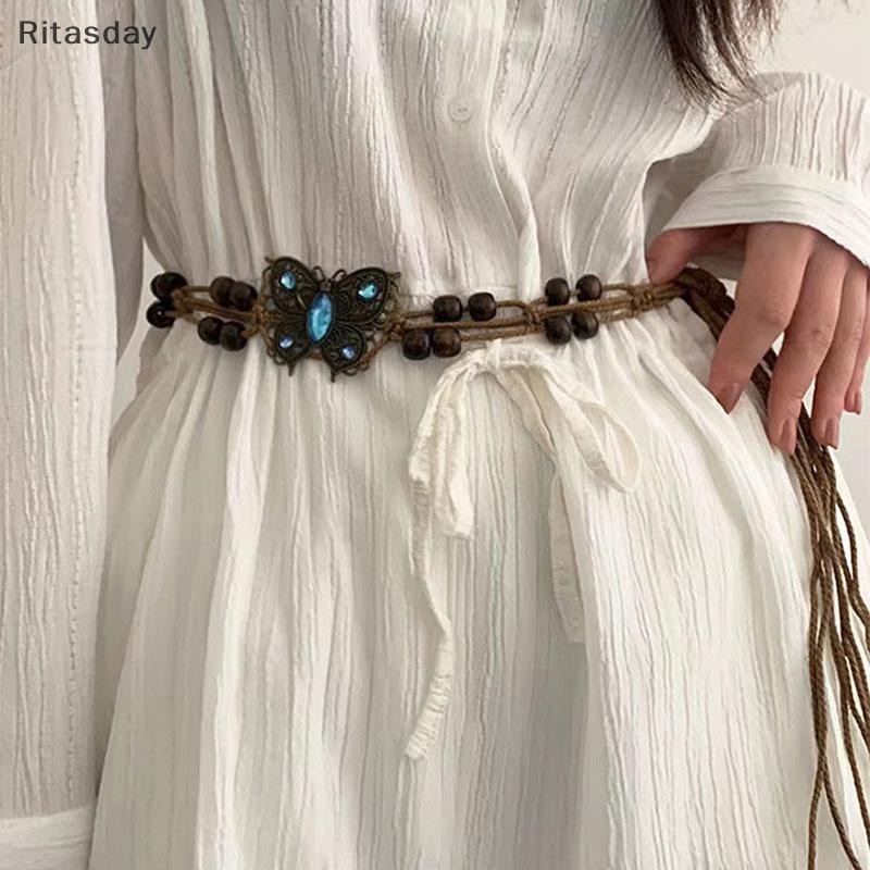 ริสตาเดย์ สไตล์โบฮีเมียนผีเสื้อน้ําเพชรทอสไตล์ชาติพันธุ์ลูกปัดไม้เข็มขัดผู้หญิงสบายๆสไตล์วันหยุดเอวเชือกใหม่