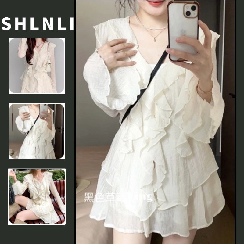 2PC/1Set ฤดูใบไม้ผลิฤดูร้อนผู้หญิง Ruffled เสื้อแขนยาวสีทึบกางเกงขาสั้นเรียบง่ายชุดสองชิ้น