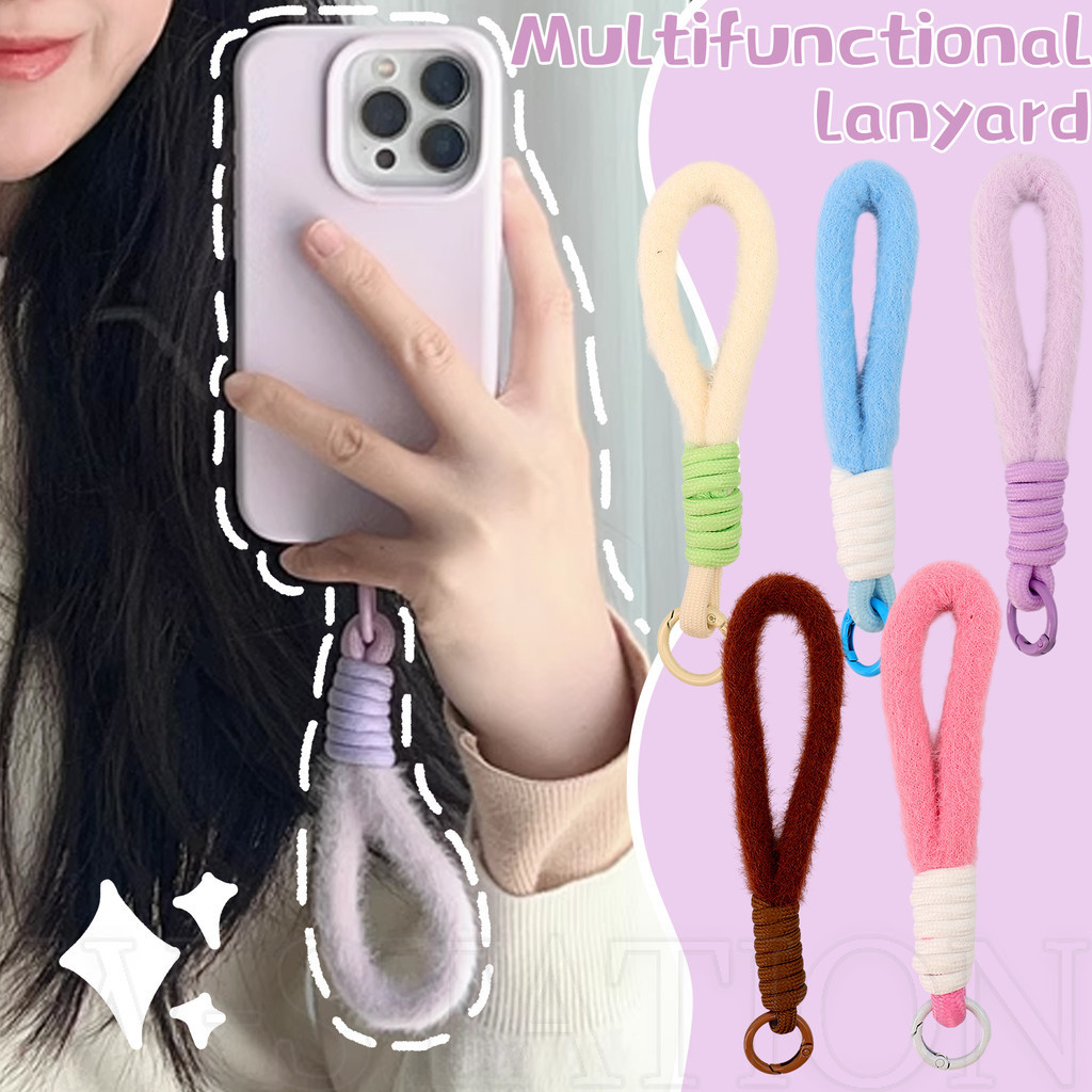 สายรัดข้อมือสั้นนุ่มปุยตุ๊กตา-เชือกเส้นเล็กโทรศัพท์มือถือที่มีสีสัน-พวงกุญแจเชือกที่ถอดออกได้-แขวนโซ่แหวนสายไฟ-สําหรับผู้หญิงสาวฤดูห