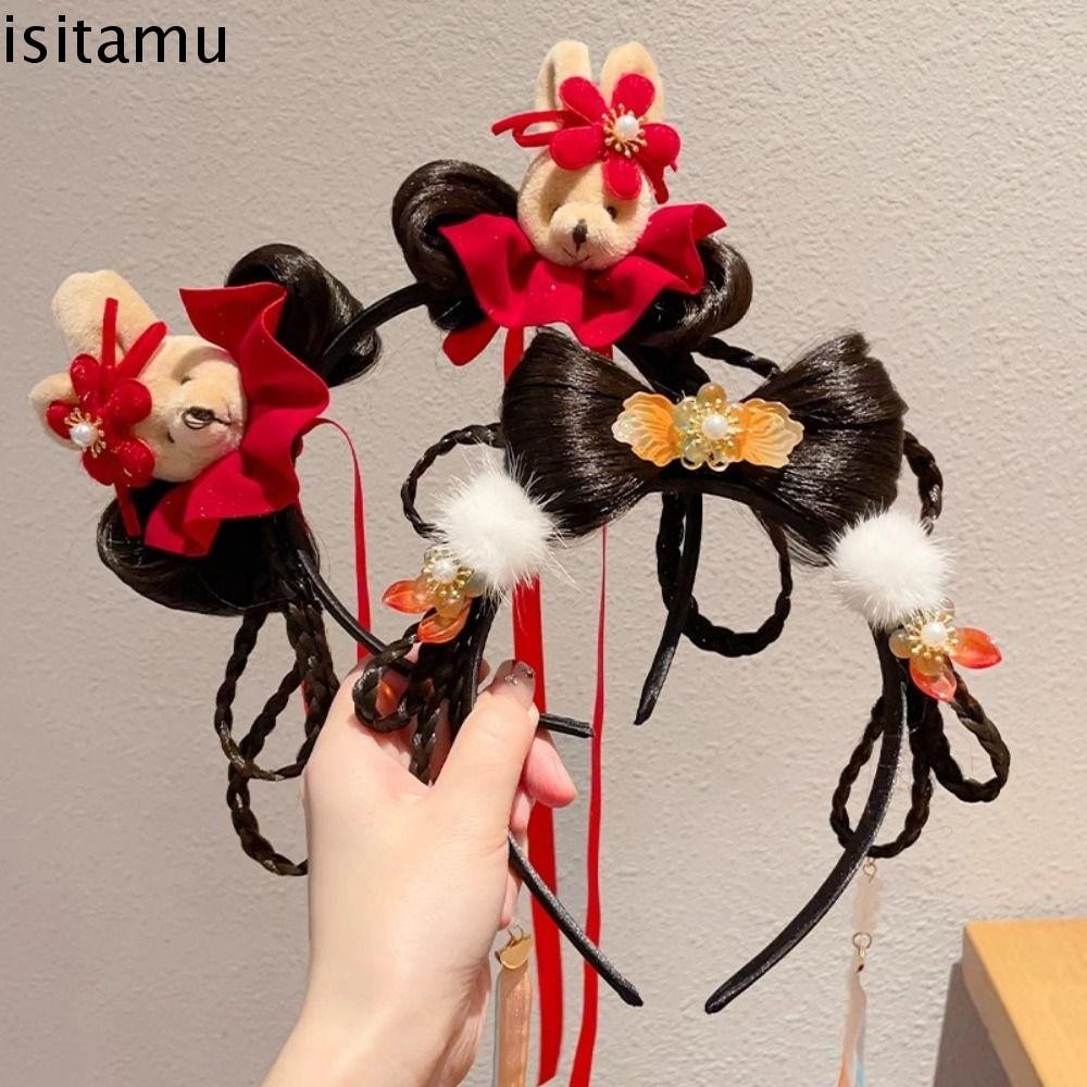 Isitaft เด็กวิกผมที่คาดผม,ดอกไม้พู่ตรุษจีน Headwear, ผมเปียหวานสไตล์โบราณ Tang ชุดผม Hoop Hanfu ผม Sticks เด็ก
